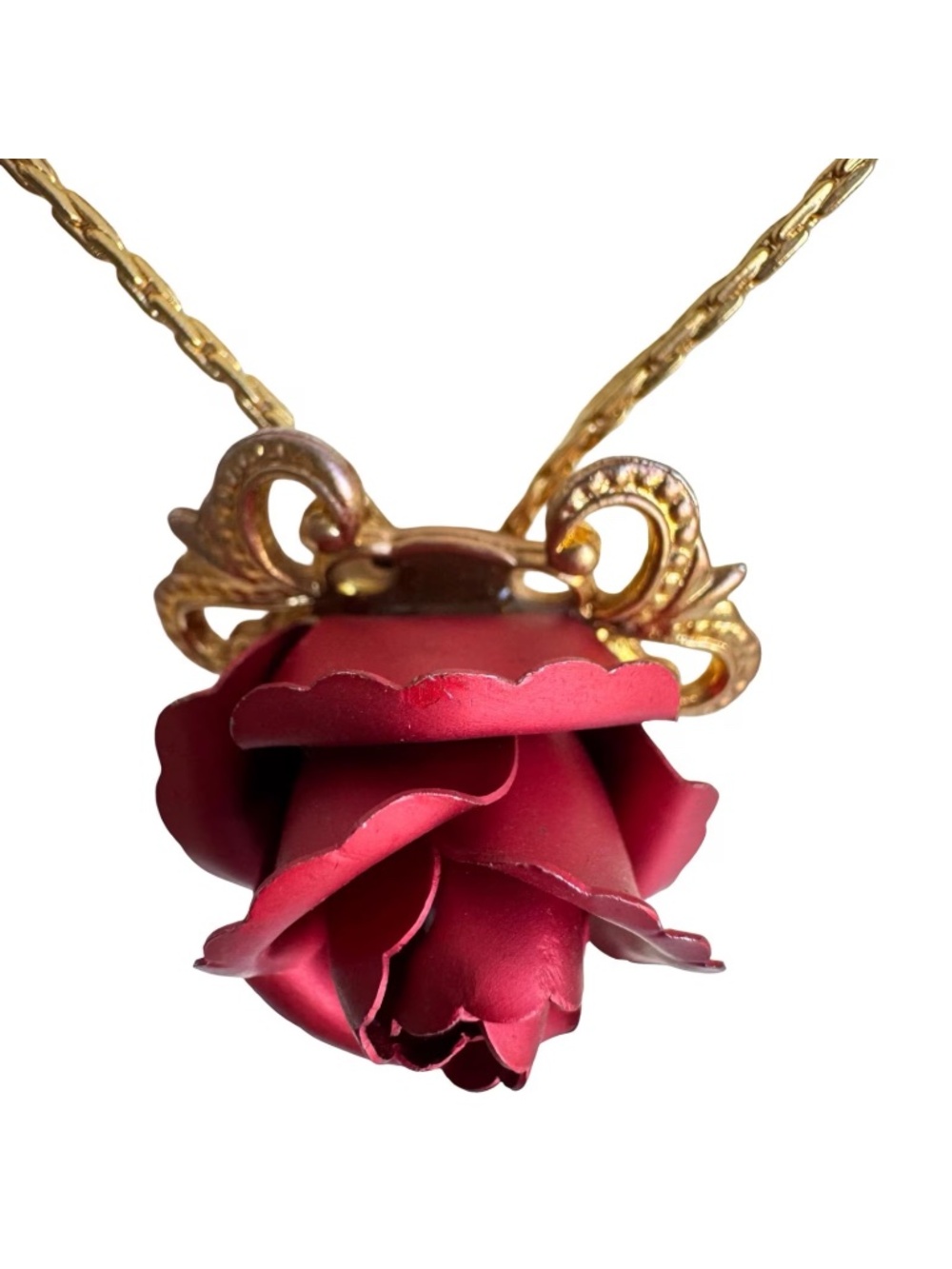 Vintage Red Rose Bolo Tie Lariat Necklace Gold Tone Chain Floral Pendant Jewelry - Picture 4 of 16
